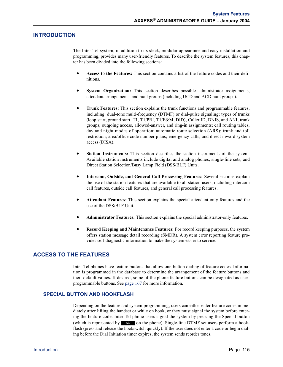 Introduction, Access to the features, Special button and hookflash | Introduction access to the features | Inter-Tel Axxess User Manual | Page 131 / 342