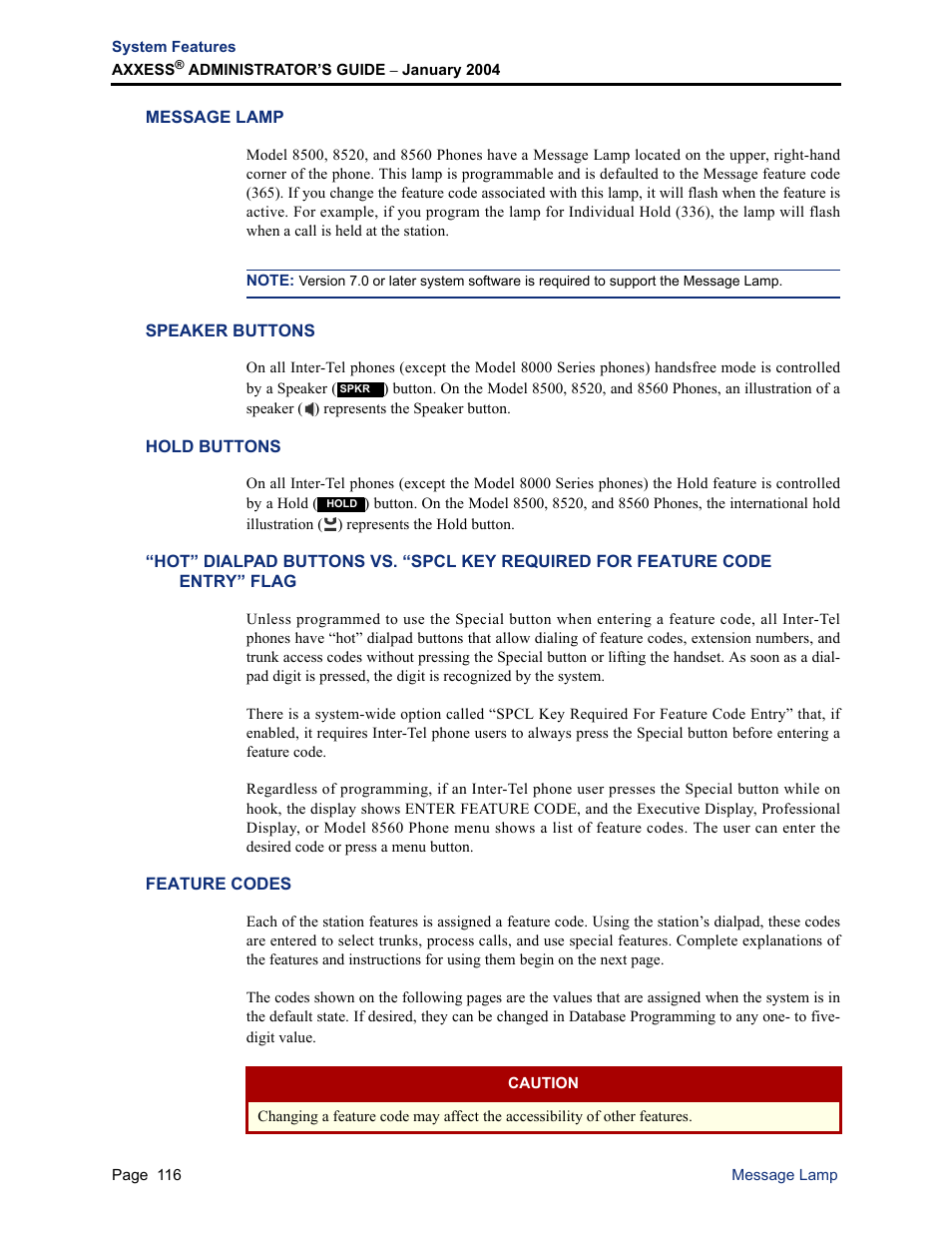 Message lamp, Speaker buttons, Hold buttons | Feature codes, Message lamp feature codes | Inter-Tel Axxess User Manual | Page 132 / 342