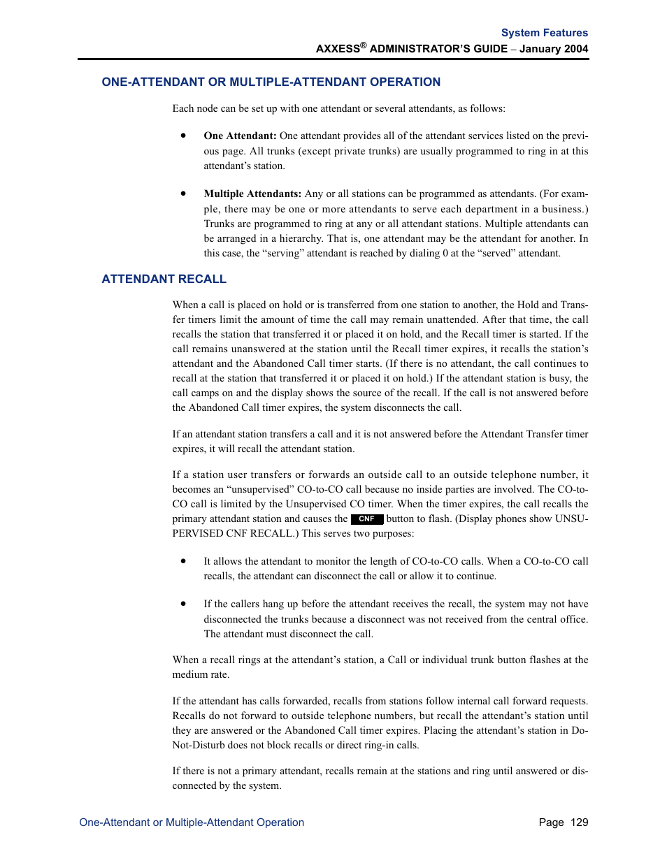 One-attendant or multiple-attendant operation, Attendant recall | Inter-Tel Axxess User Manual | Page 145 / 342