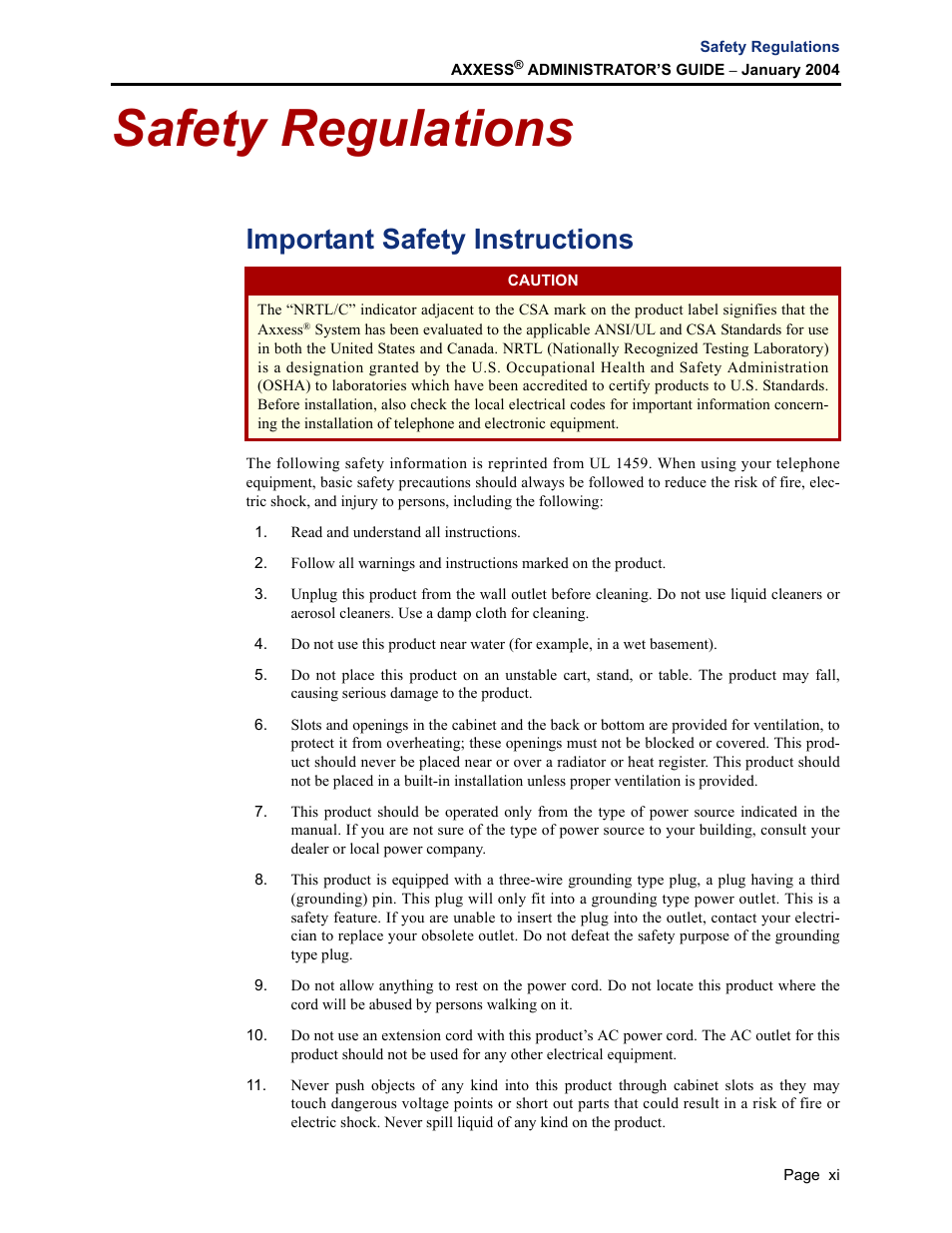 Safety regulations, Important safety instructions | Inter-Tel Axxess User Manual | Page 15 / 342