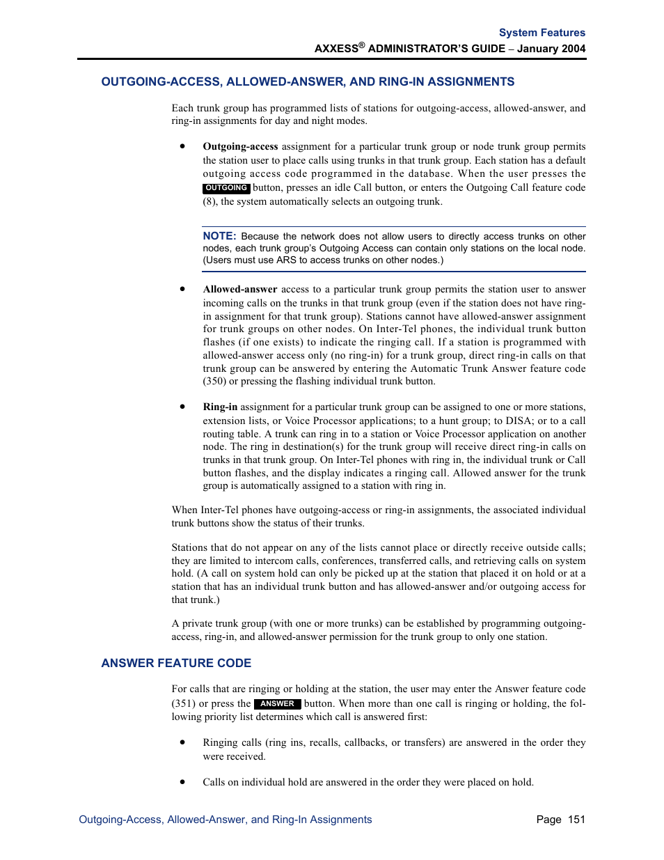 Answer feature code | Inter-Tel Axxess User Manual | Page 167 / 342