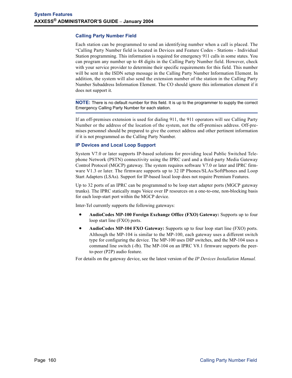 Calling party number field, Ip devices and local loop support | Inter-Tel Axxess User Manual | Page 176 / 342