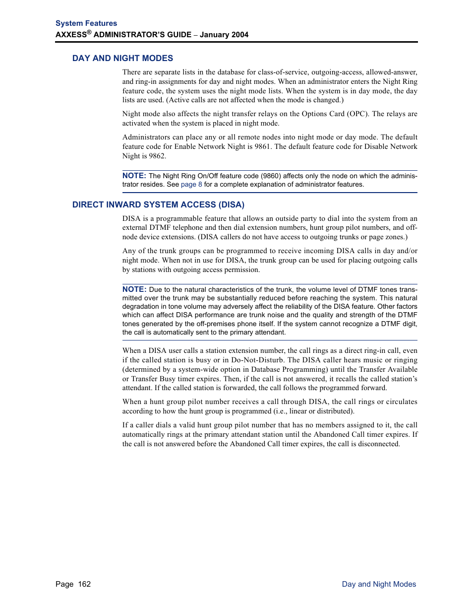 Day and night modes, Direct inward system access (disa) | Inter-Tel Axxess User Manual | Page 178 / 342
