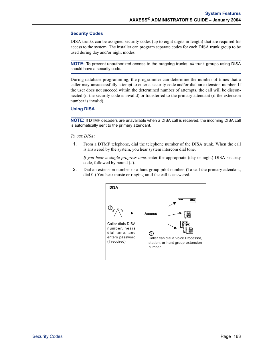 Security codes, Using disa, Security codes using disa | Inter-Tel Axxess User Manual | Page 179 / 342