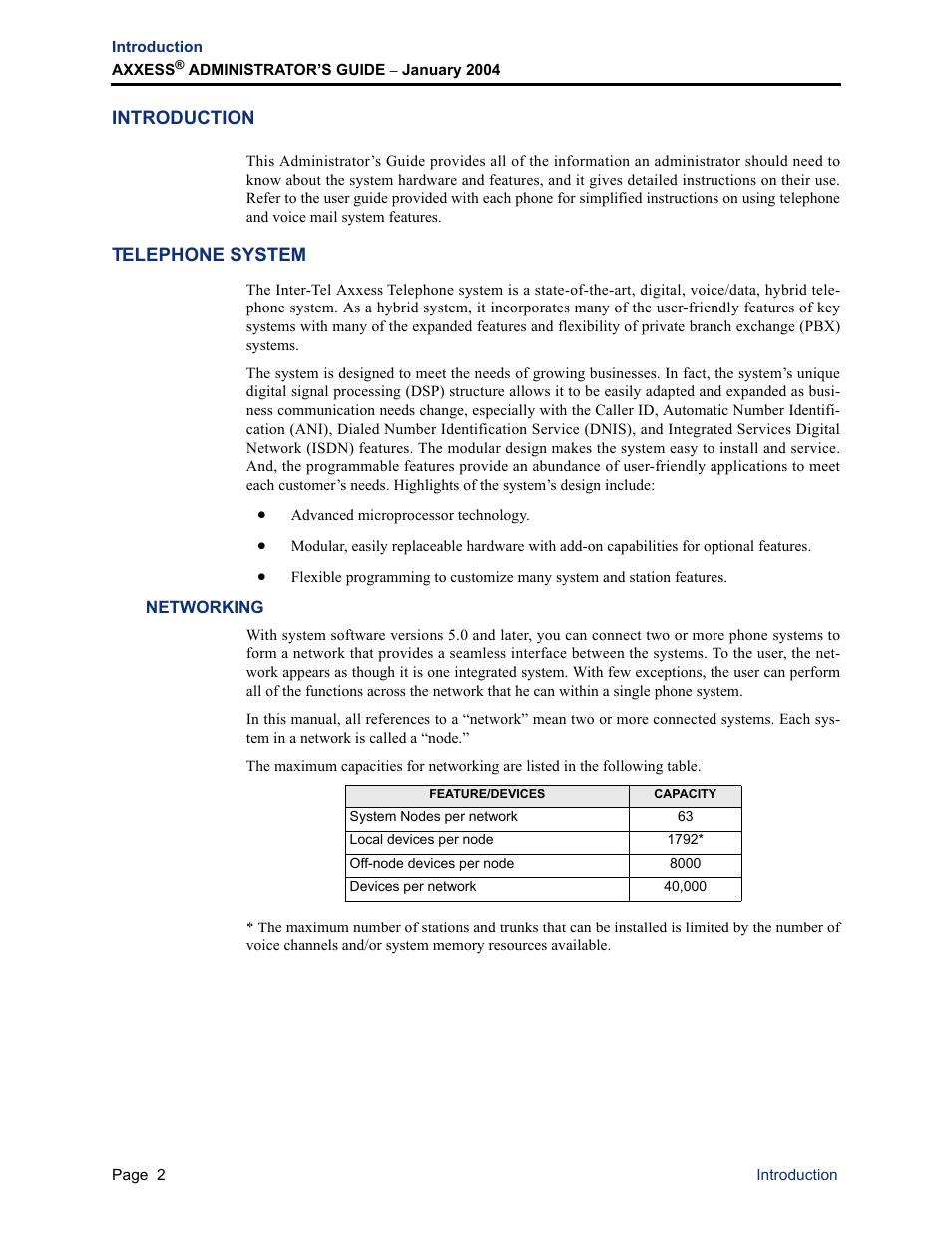 Introduction, Telephone system, Networking | Introduction telephone system | Inter-Tel Axxess User Manual | Page 18 / 342