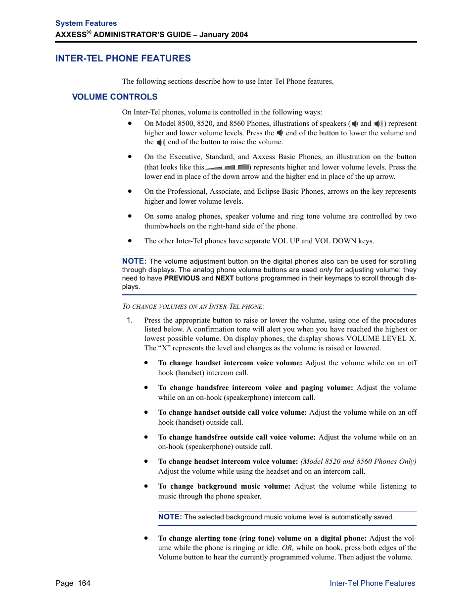 Inter-tel phone features, Volume controls | Inter-Tel Axxess User Manual | Page 180 / 342