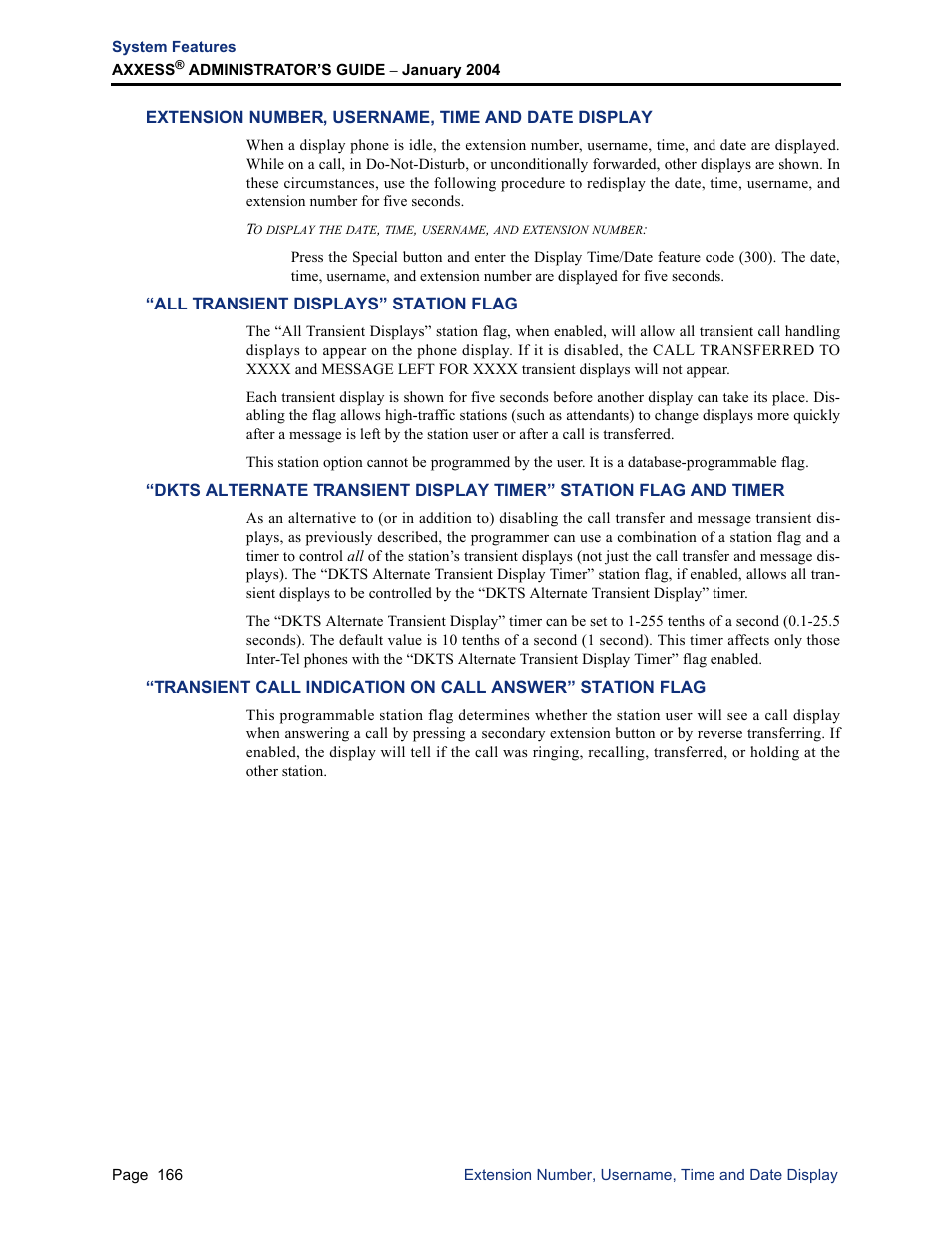 Extension number, username, time and date display, All transient displays” station flag | Inter-Tel Axxess User Manual | Page 182 / 342