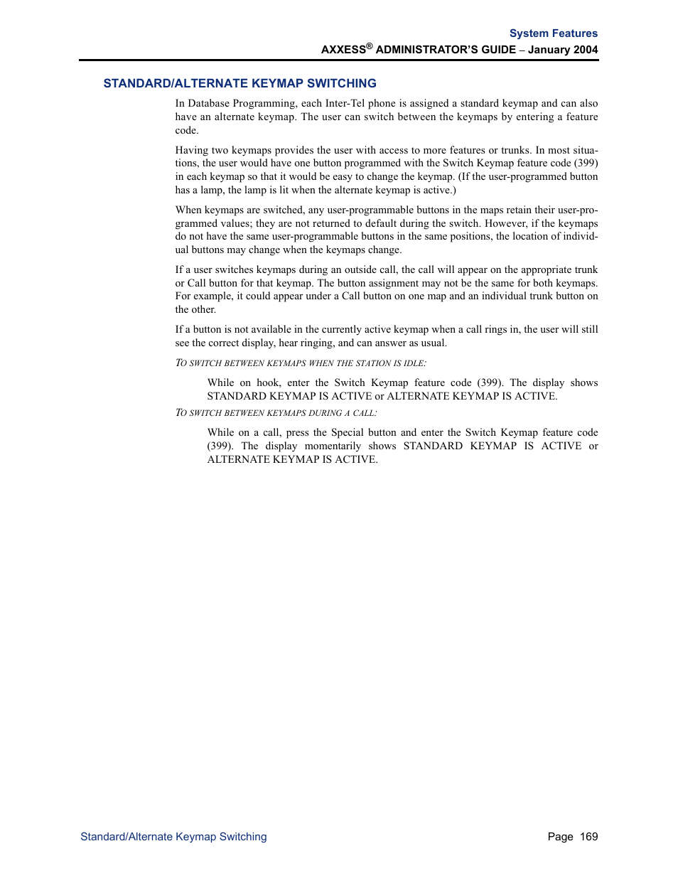 Standard/alternate keymap switching | Inter-Tel Axxess User Manual | Page 185 / 342