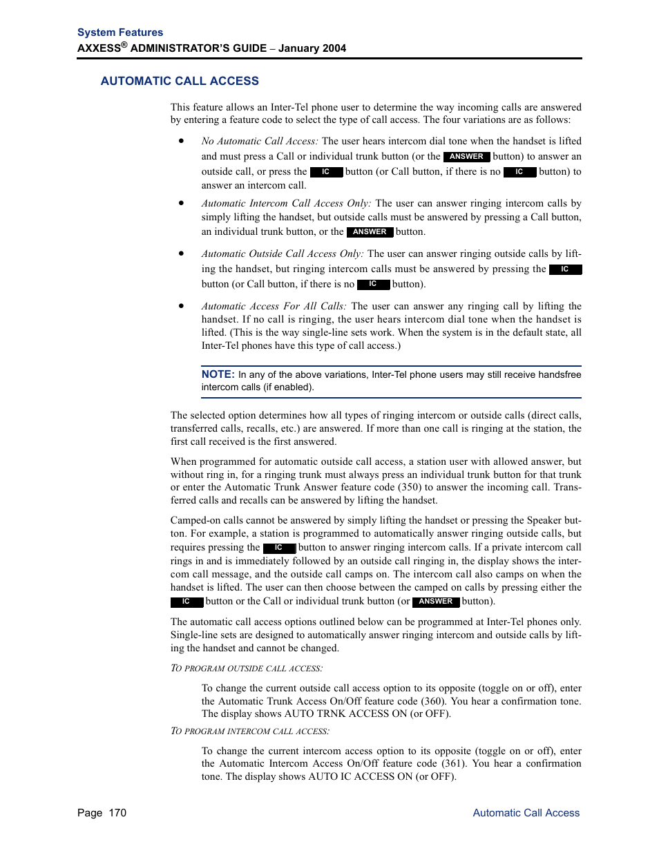 Automatic call access | Inter-Tel Axxess User Manual | Page 186 / 342