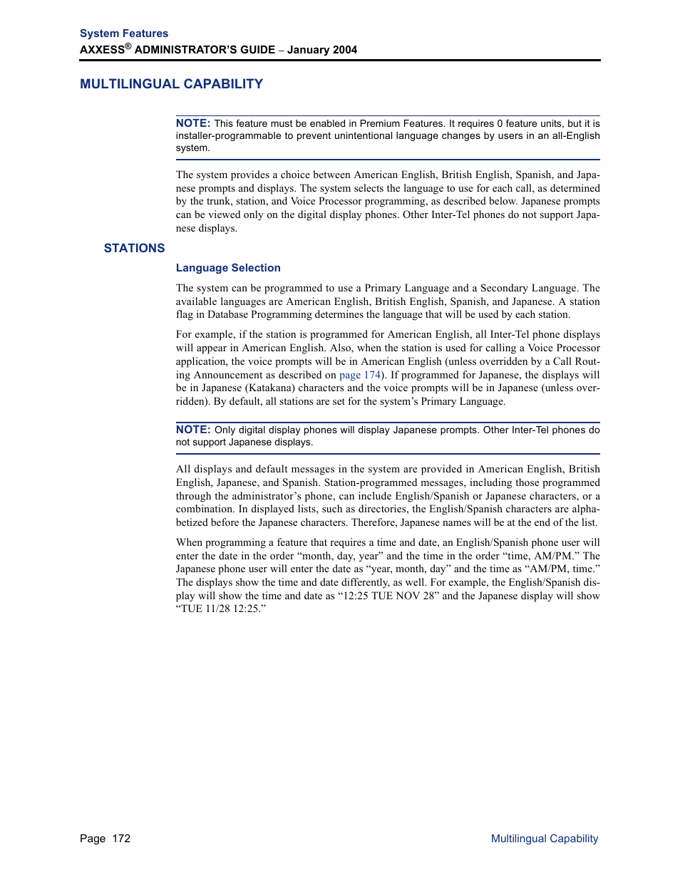 Multilingual capability, Stations, Language selection | Nese mode. see | Inter-Tel Axxess User Manual | Page 188 / 342