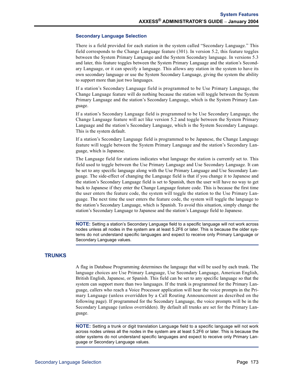 Secondary language selection, Trunks | Inter-Tel Axxess User Manual | Page 189 / 342