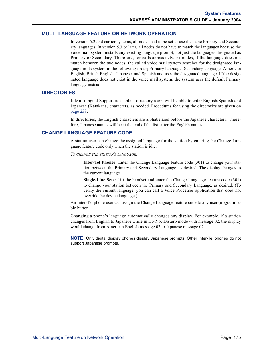 Multi-language feature on network operation, Directories, Change language feature code | Inter-Tel Axxess User Manual | Page 191 / 342