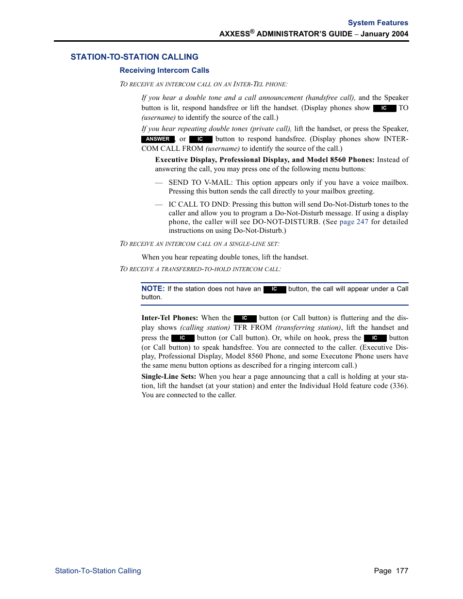 Station-to-station calling, Receiving intercom calls | Inter-Tel Axxess User Manual | Page 193 / 342