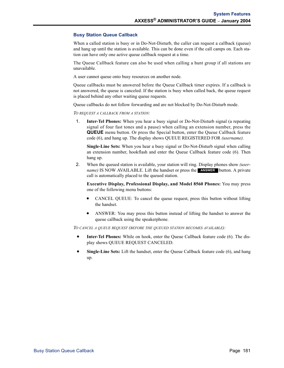 Busy station queue callback | Inter-Tel Axxess User Manual | Page 197 / 342