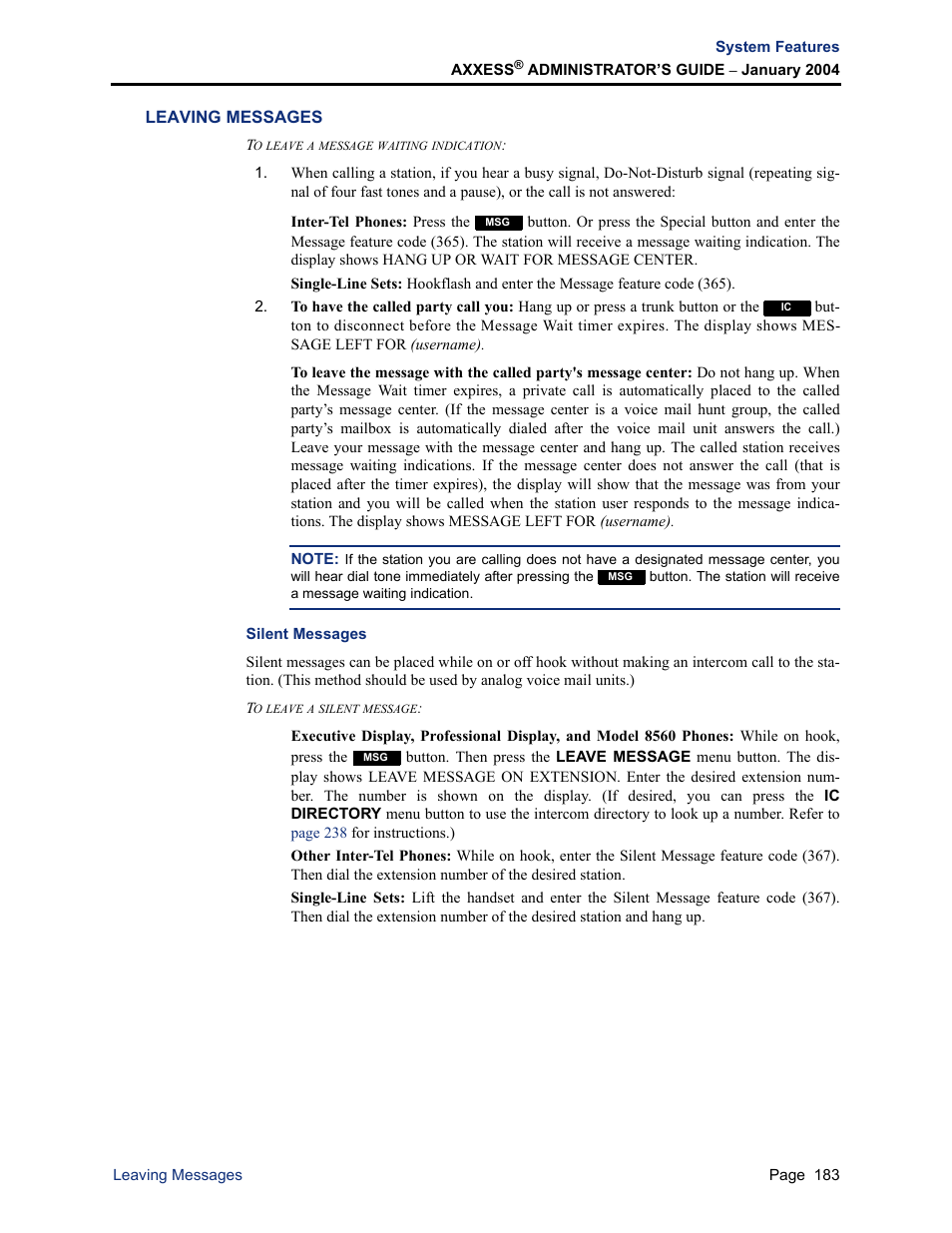 Leaving messages, Silent messages | Inter-Tel Axxess User Manual | Page 199 / 342