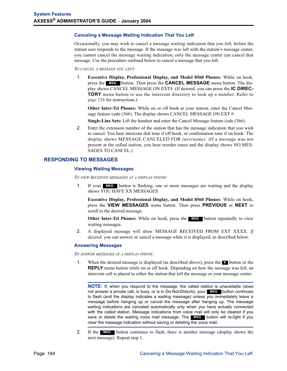 Responding to messages, Viewing waiting messages, Answering messages | Viewing waiting messages answering messages | Inter-Tel Axxess User Manual | Page 200 / 342