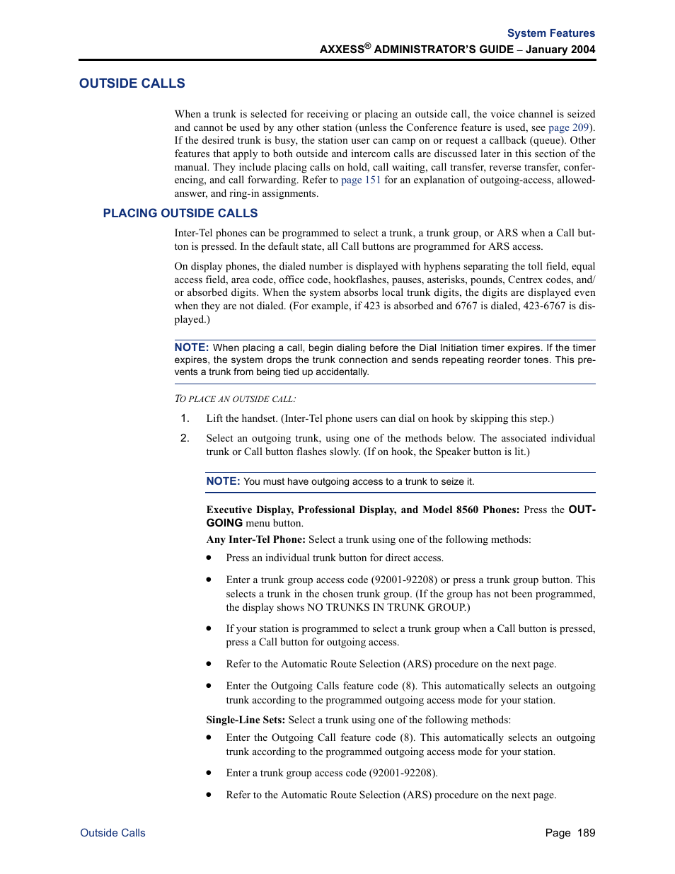 Outside calls, Placing outside calls | Inter-Tel Axxess User Manual | Page 205 / 342