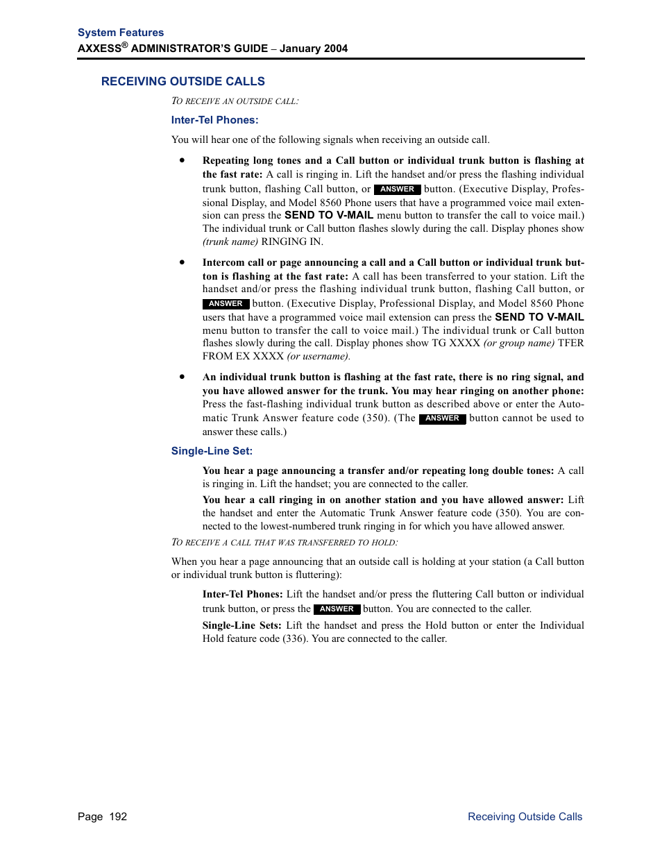 Receiving outside calls, Inter-tel phones, Single-line set | Inter-tel phones: single-line set | Inter-Tel Axxess User Manual | Page 208 / 342