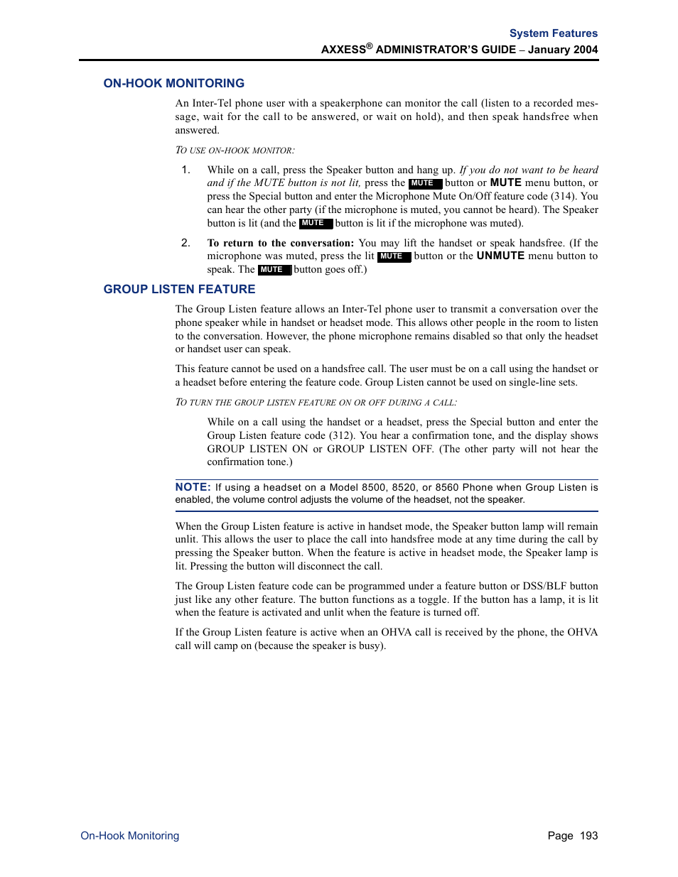 On-hook monitoring, Group listen feature | Inter-Tel Axxess User Manual | Page 209 / 342
