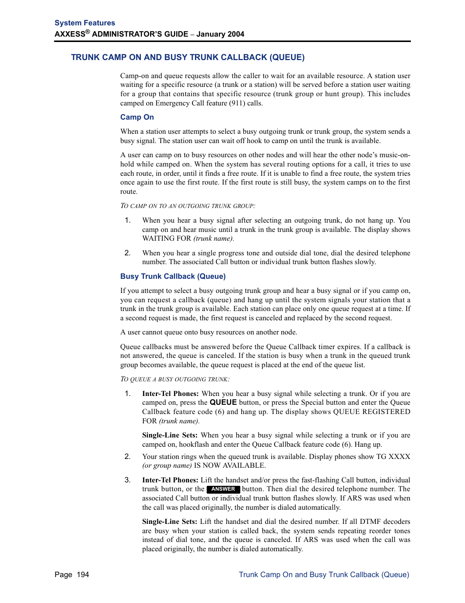 Trunk camp on and busy trunk callback (queue), Camp on, Busy trunk callback (queue) | Camp on busy trunk callback (queue) | Inter-Tel Axxess User Manual | Page 210 / 342