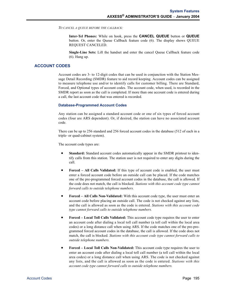 Account codes, Database-programmed account codes | Inter-Tel Axxess User Manual | Page 211 / 342