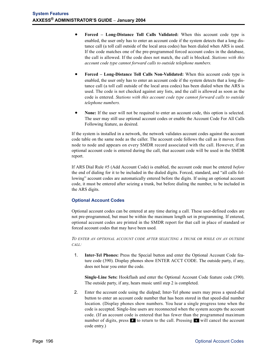 Optional account codes | Inter-Tel Axxess User Manual | Page 212 / 342
