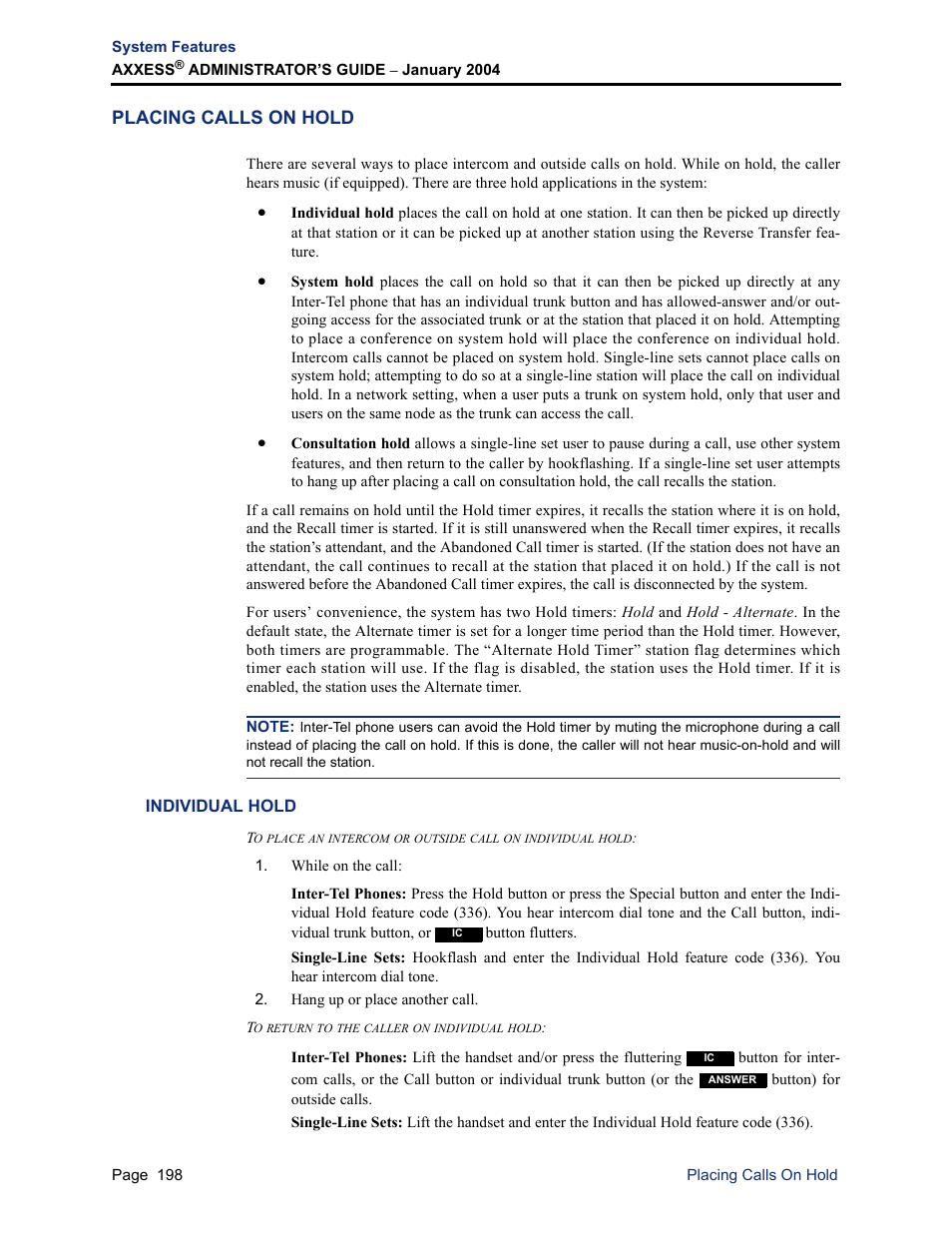 Placing calls on hold, Individual hold | Inter-Tel Axxess User Manual | Page 214 / 342
