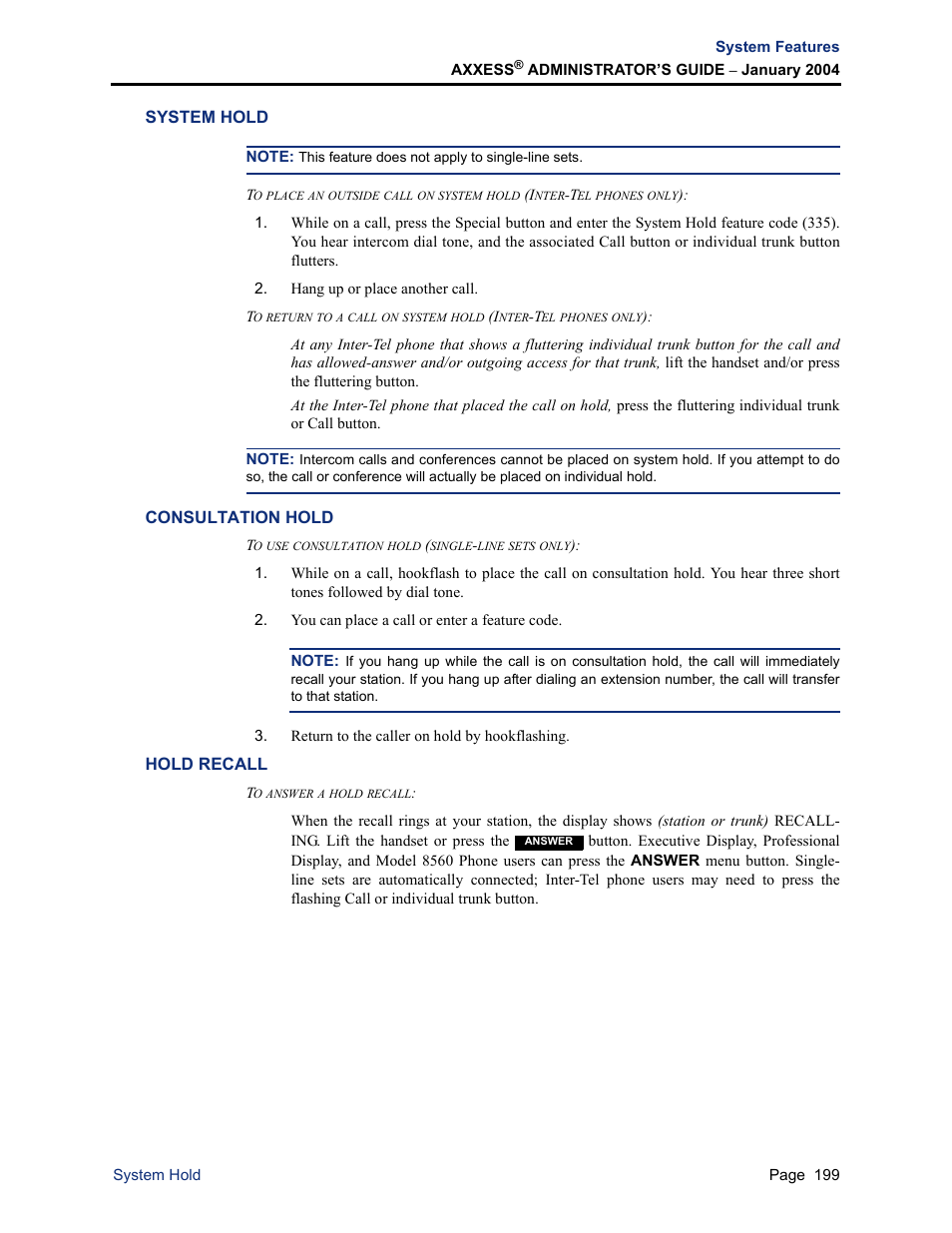 System hold, Consultation hold, Hold recall | Inter-Tel Axxess User Manual | Page 215 / 342