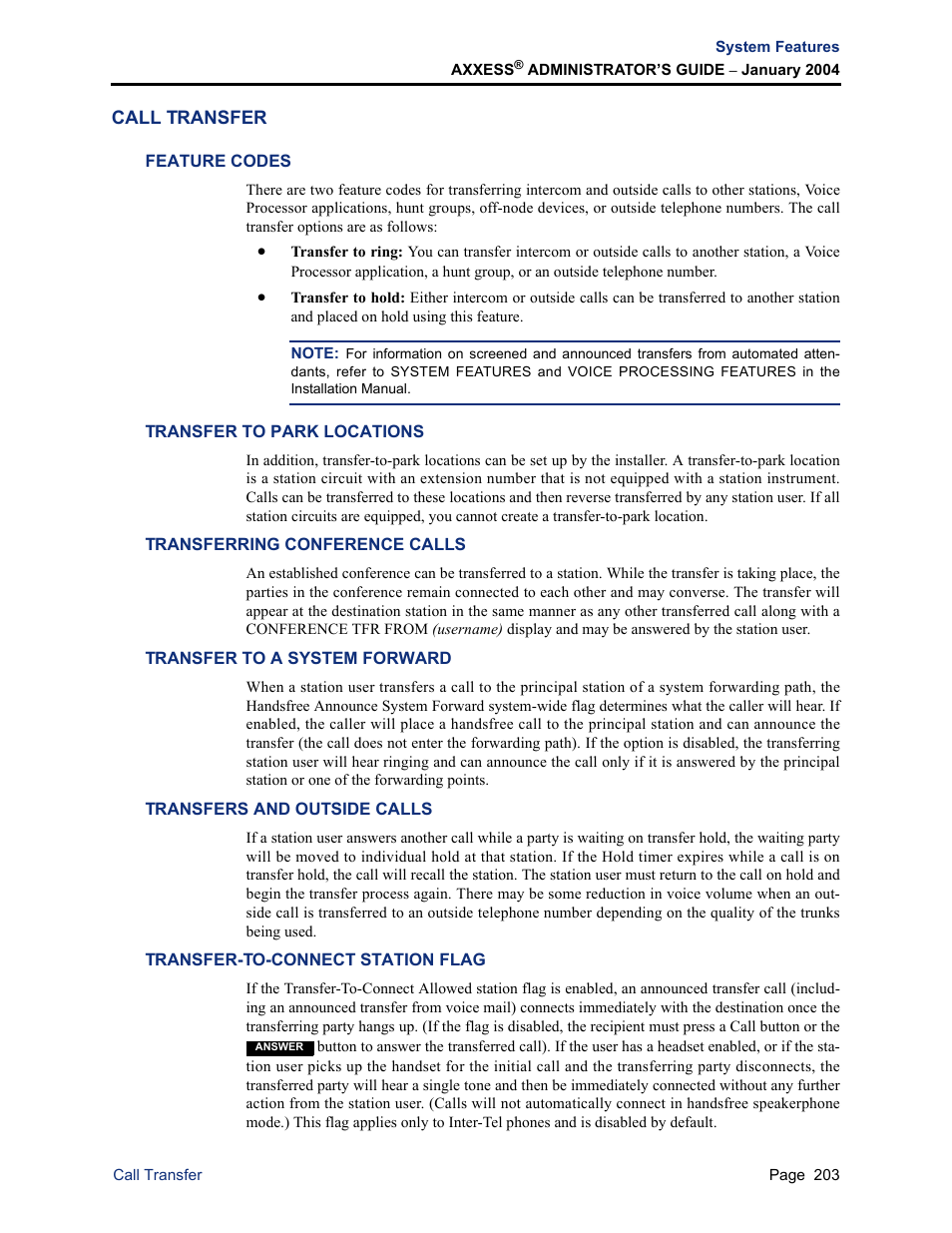 Call transfer, Feature codes, Transfer to park locations | Transferring conference calls, Transfer to a system forward, Transfers and outside calls, Transfer-to-connect station flag | Inter-Tel Axxess User Manual | Page 219 / 342