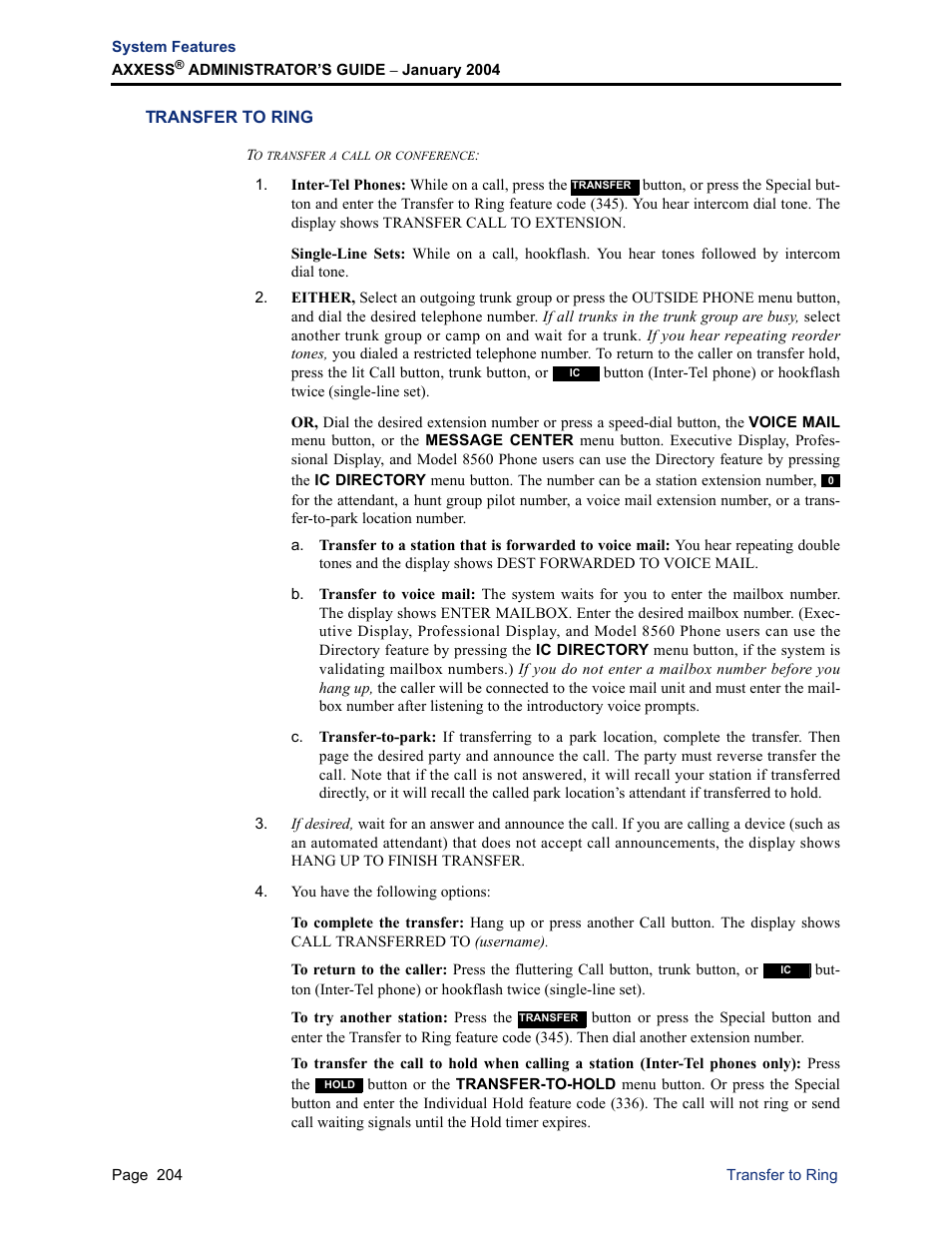 Transfer to ring | Inter-Tel Axxess User Manual | Page 220 / 342