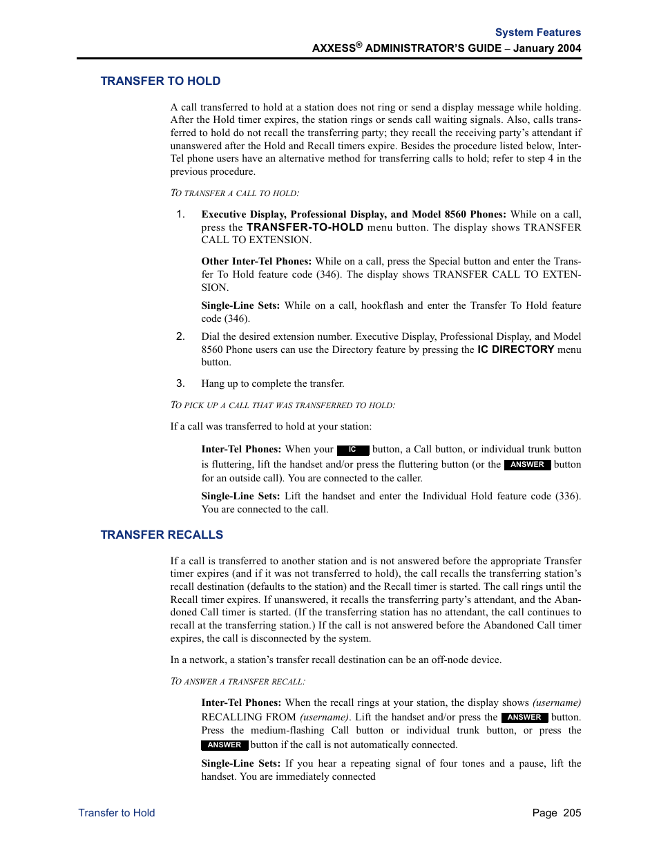 Transfer to hold, Transfer recalls | Inter-Tel Axxess User Manual | Page 221 / 342