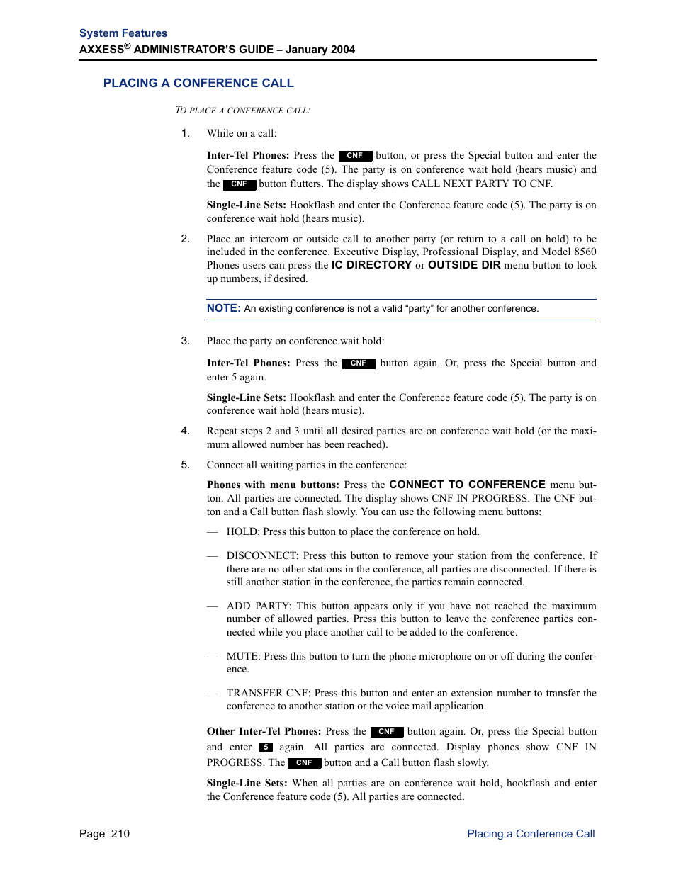 Placing a conference call | Inter-Tel Axxess User Manual | Page 226 / 342