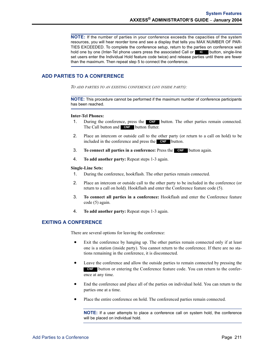 Add parties to a conference, Exiting a conference | Inter-Tel Axxess User Manual | Page 227 / 342