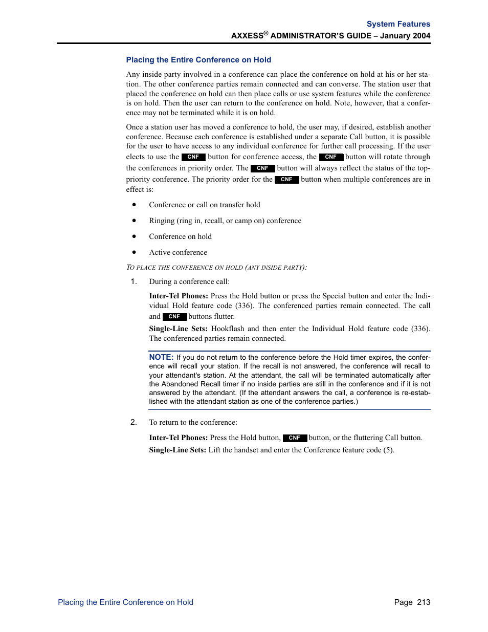 Placing the entire conference on hold | Inter-Tel Axxess User Manual | Page 229 / 342