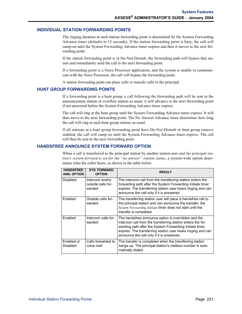 Individual station forwarding points, Hunt group forwarding points, Handsfree announce system forward option | Inter-Tel Axxess User Manual | Page 237 / 342