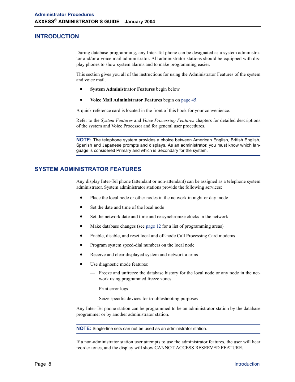 Introduction, System administrator features, Introduction system administrator features | Inter-Tel Axxess User Manual | Page 24 / 342