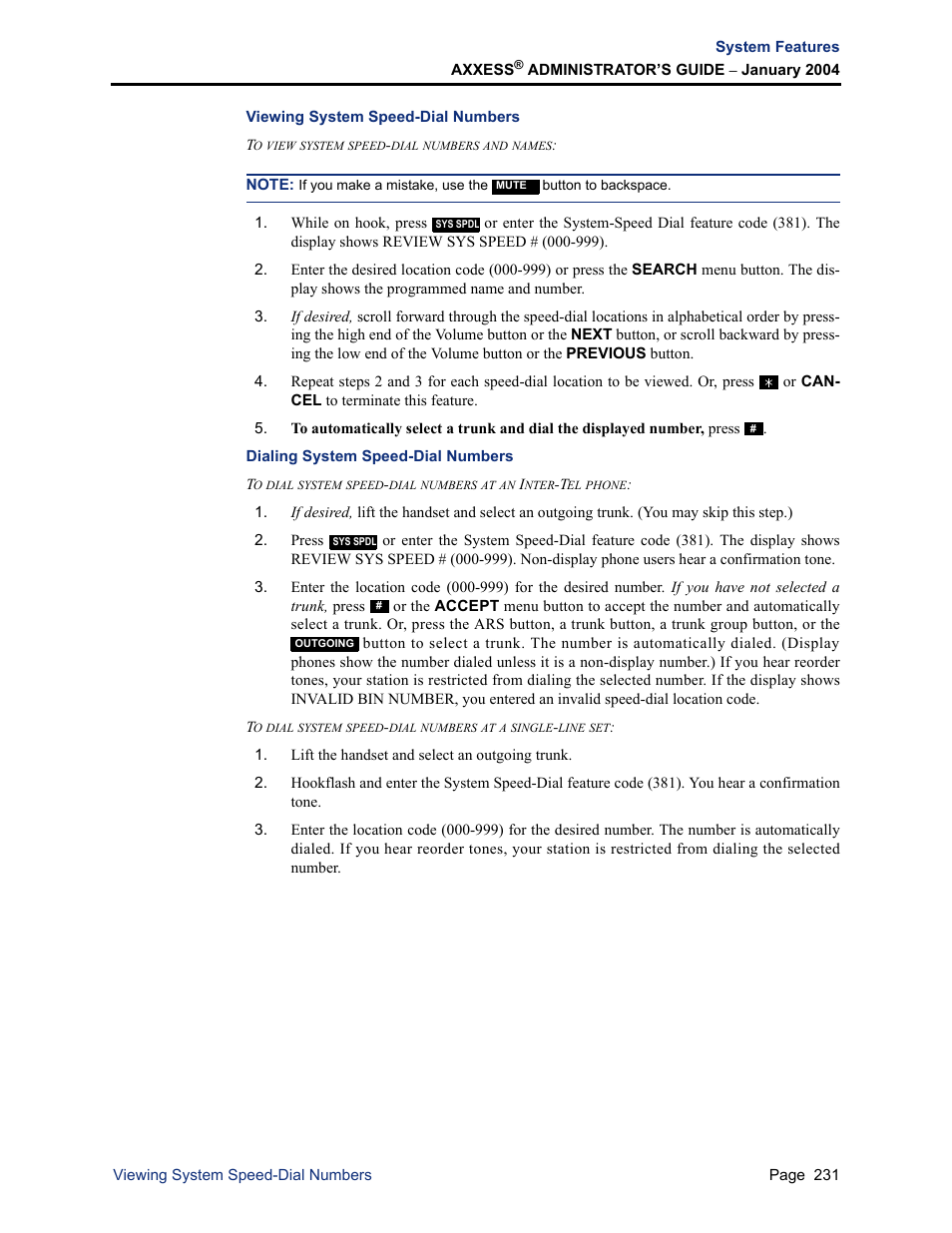 Viewing system speed-dial numbers, Dialing system speed-dial numbers | Inter-Tel Axxess User Manual | Page 247 / 342