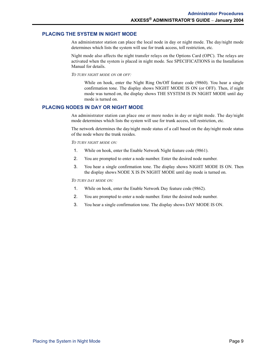Placing the system in night mode, Placing nodes in day or night mode | Inter-Tel Axxess User Manual | Page 25 / 342