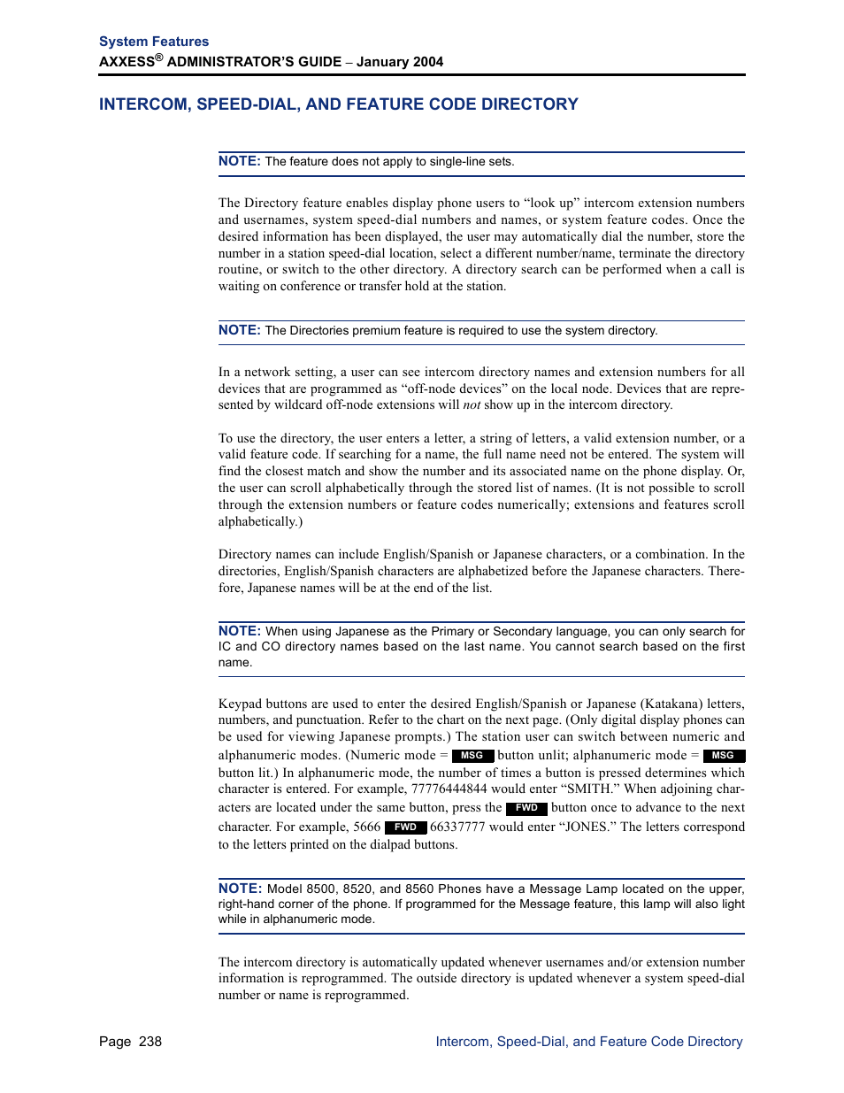 Intercom, speed-dial, and feature code directory | Inter-Tel Axxess User Manual | Page 254 / 342