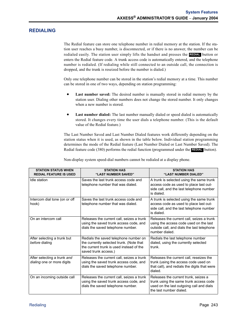 Redialing, Bed on | Inter-Tel Axxess User Manual | Page 259 / 342