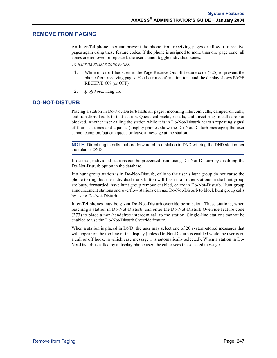 Remove from paging, Do-not-disturb, Remove from paging do-not-disturb | Inter-Tel Axxess User Manual | Page 263 / 342