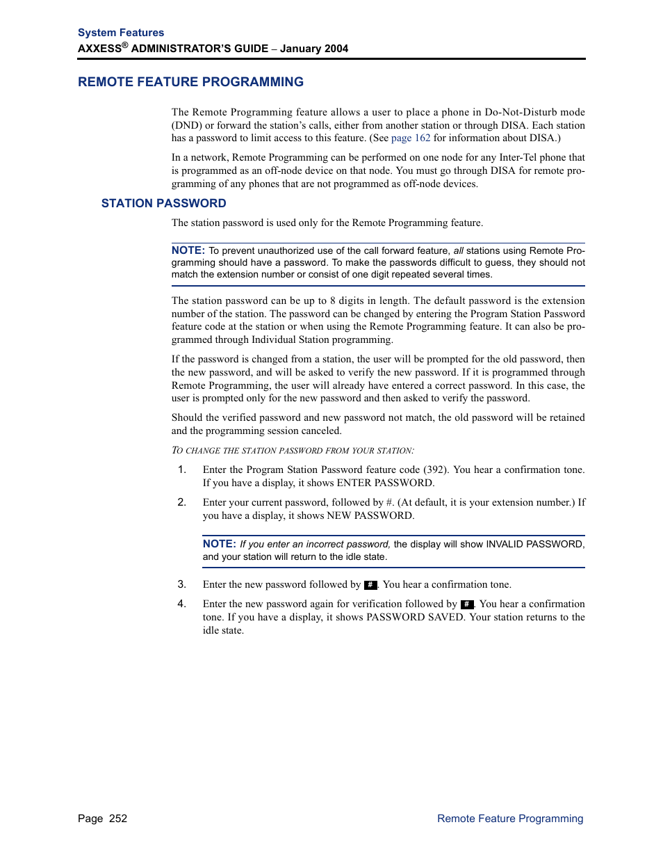 Remote feature programming, Station password | Inter-Tel Axxess User Manual | Page 268 / 342