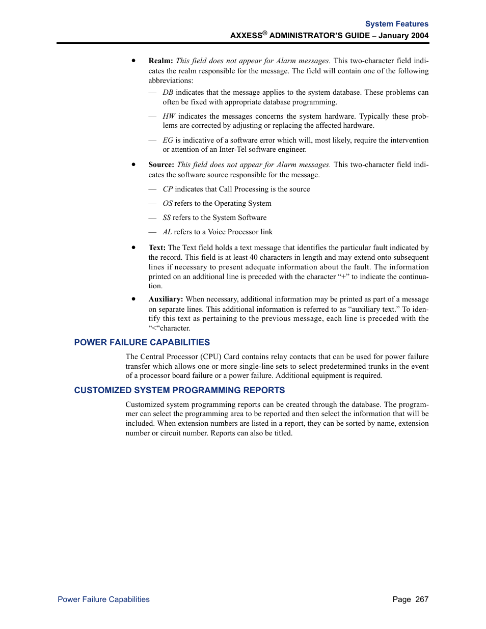 Power failure capabilities, Customized system programming reports | Inter-Tel Axxess User Manual | Page 283 / 342