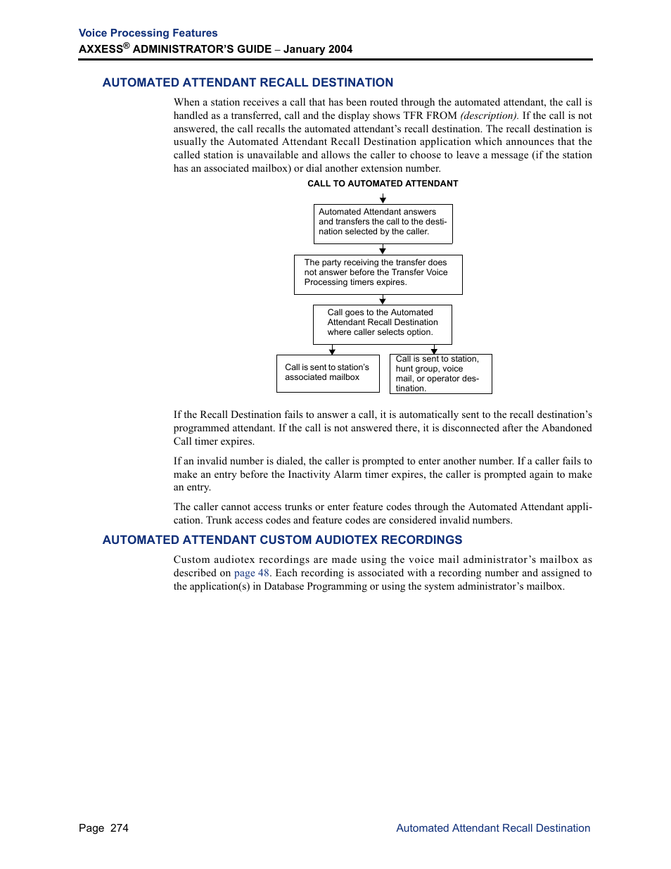Automated attendant recall destination, Automated attendant custom audiotex recordings | Inter-Tel Axxess User Manual | Page 290 / 342