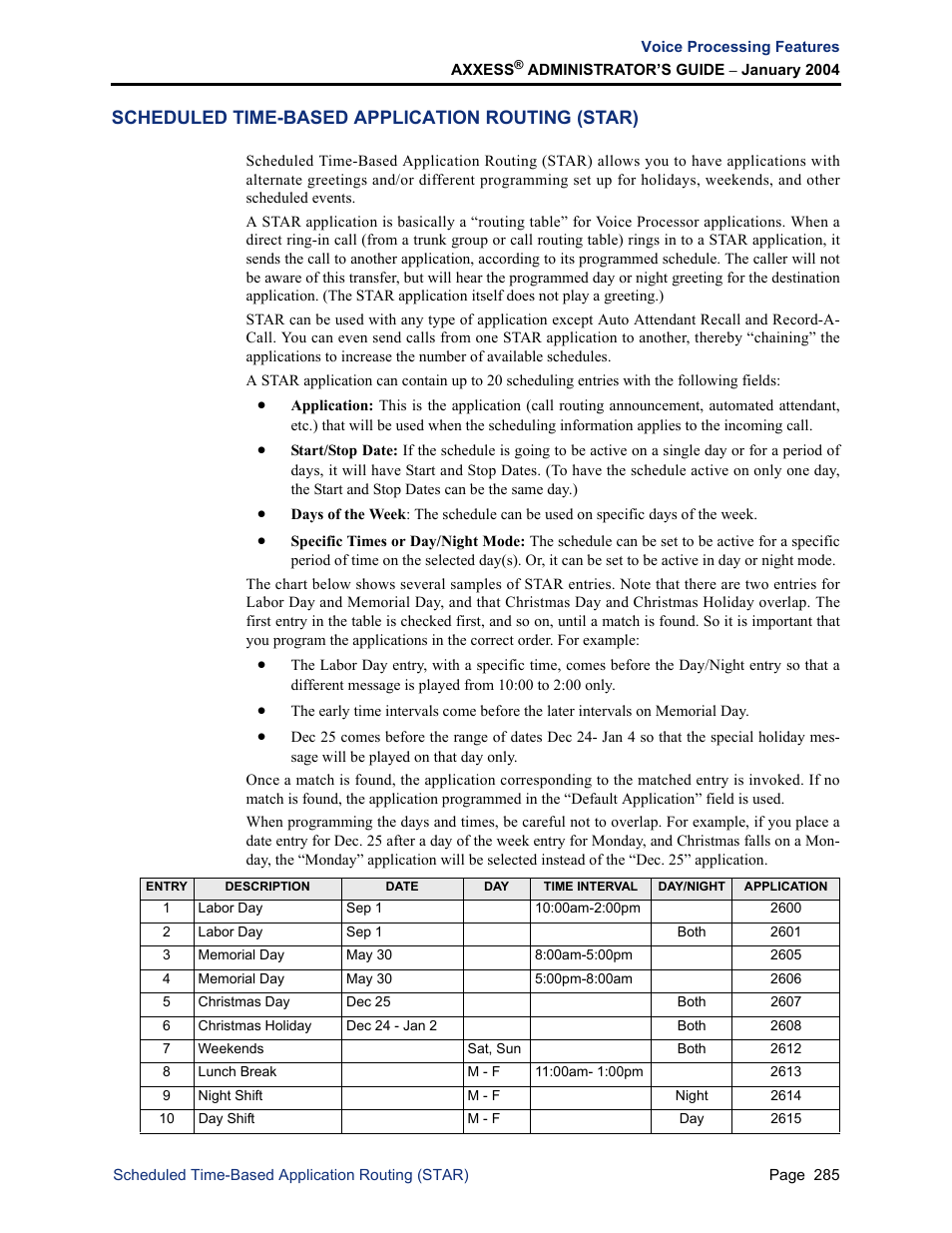 Scheduled time-based application routing (star) | Inter-Tel Axxess User Manual | Page 301 / 342
