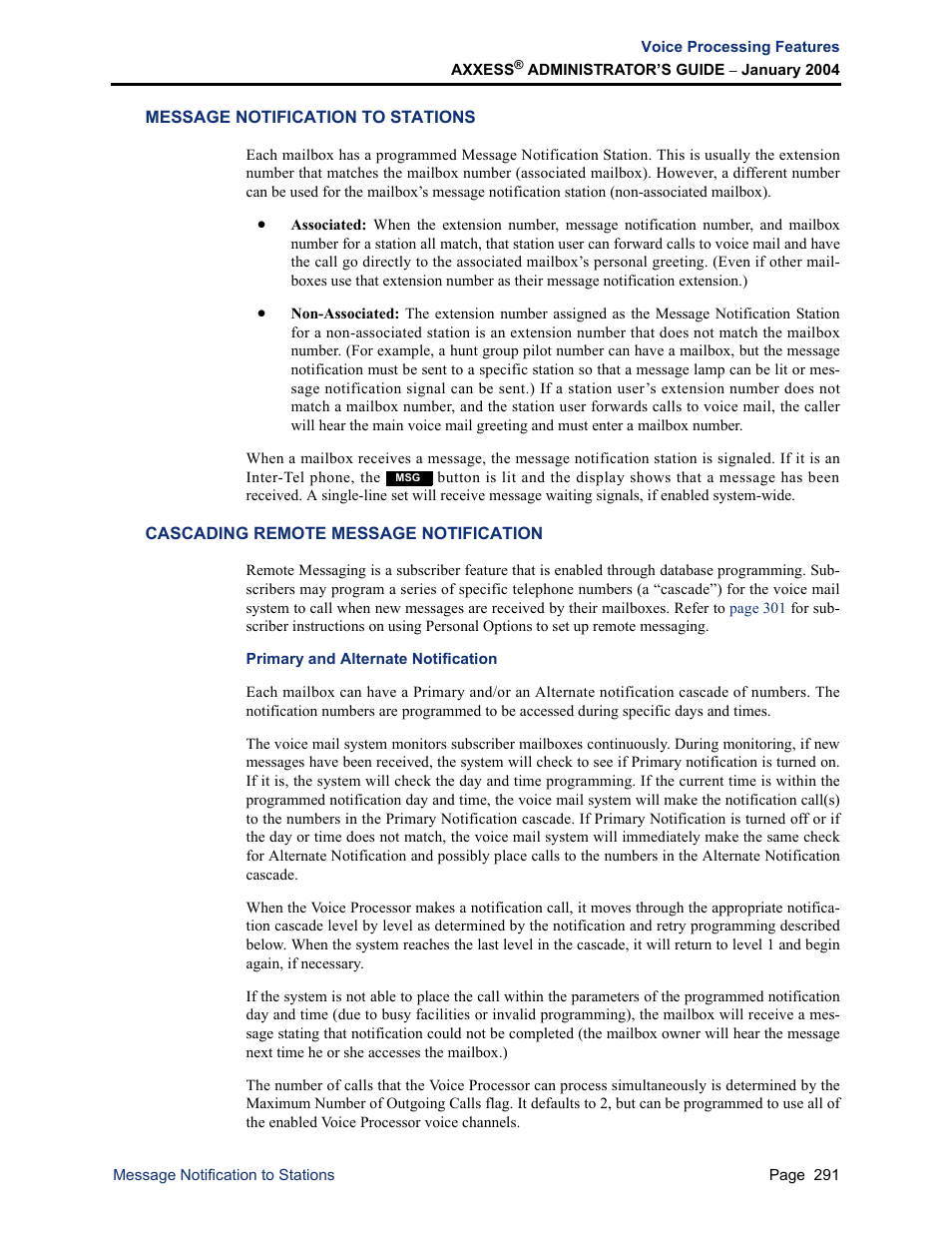 Message notification to stations, Cascading remote message notification, Primary and alternate notification | Inter-Tel Axxess User Manual | Page 307 / 342