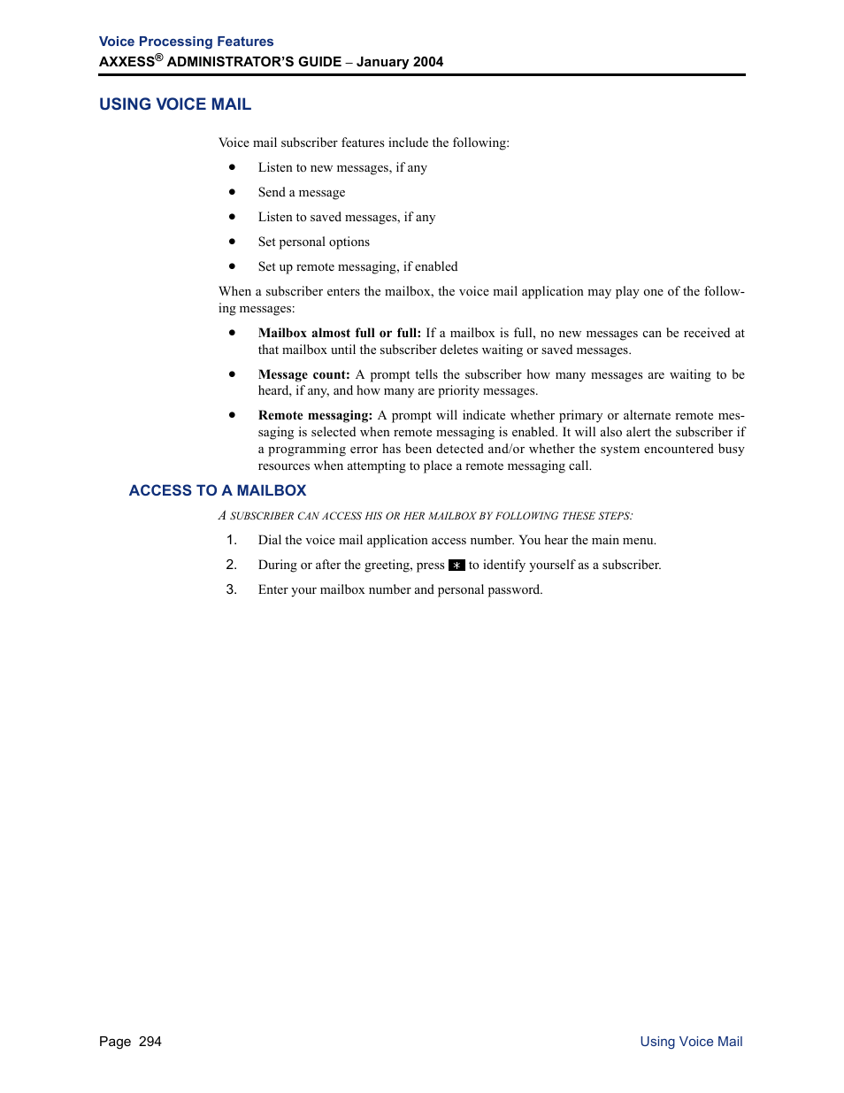 Using voice mail, Access to a mailbox | Inter-Tel Axxess User Manual | Page 310 / 342