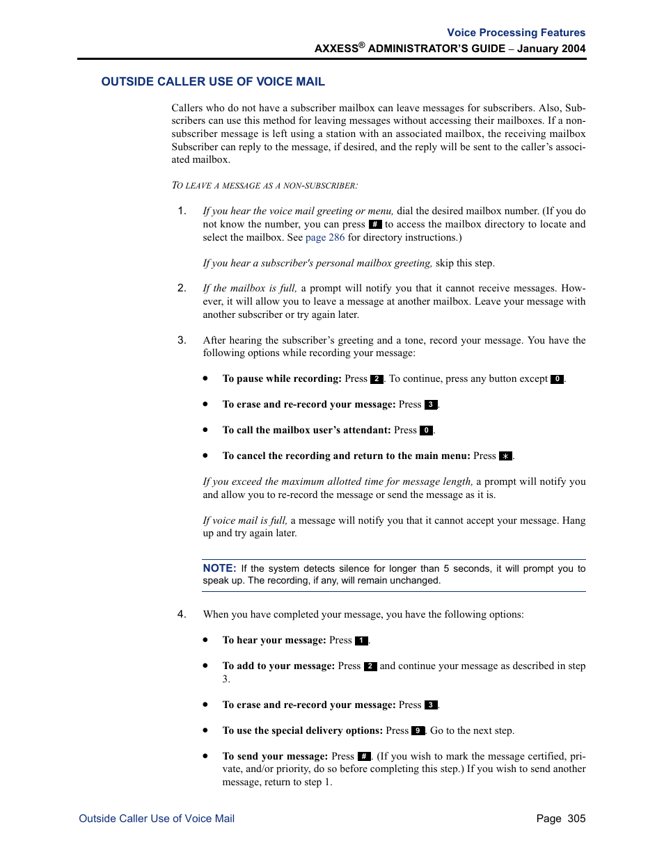 Outside caller use of voice mail | Inter-Tel Axxess User Manual | Page 321 / 342