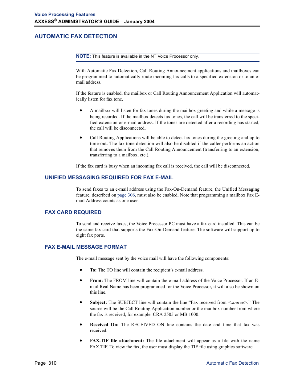Automatic fax detection, Unified messaging required for fax e-mail, Fax card required | Fax e-mail message format | Inter-Tel Axxess User Manual | Page 326 / 342
