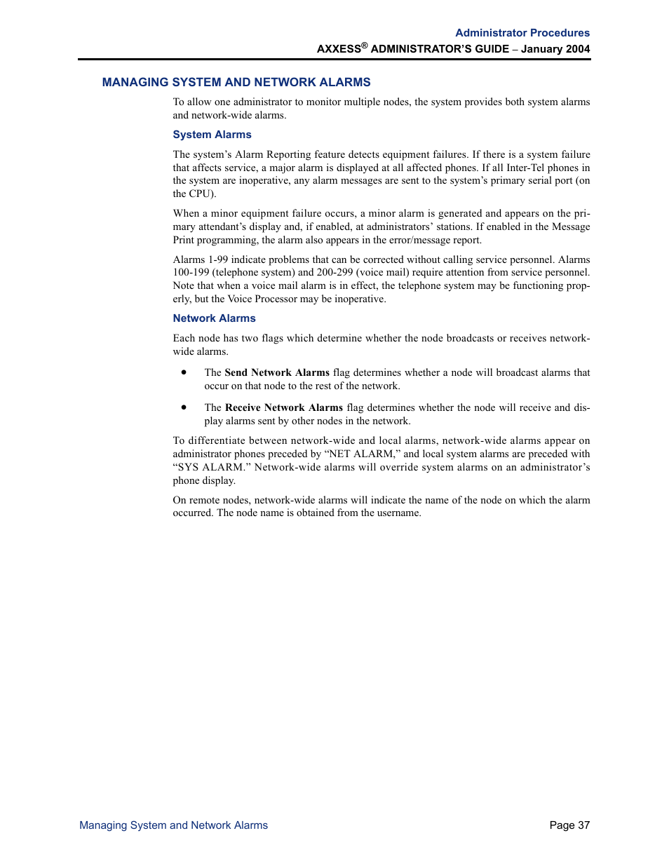 Managing system and network alarms, System alarms, Network alarms | System alarms network alarms | Inter-Tel Axxess User Manual | Page 53 / 342